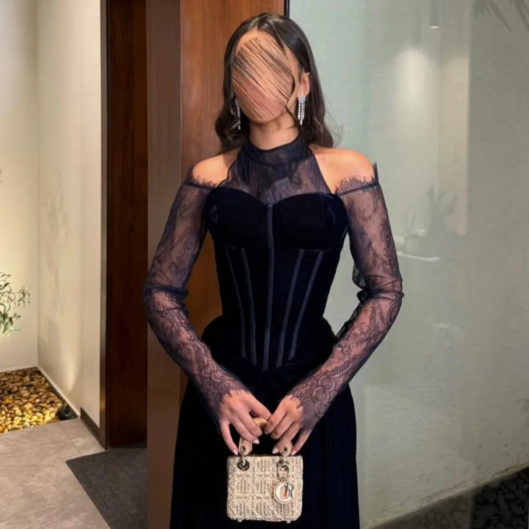 New Design O Neck Embroidery Illusion Off The Shoulder Fishbone Slim Draped Velvet Corset A Line Evening Prom Formal Party Dress