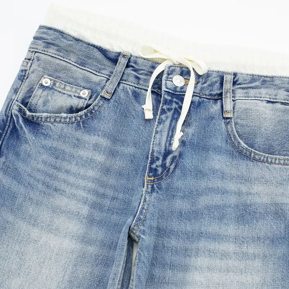 Celana Denim PRINTKAOIR untuk Wanita Celana Jeans Kasual Vintage Patchwork Celana Jeans Wanita Fashion Streetwear Chic Celana Jeans Kaki Lebar