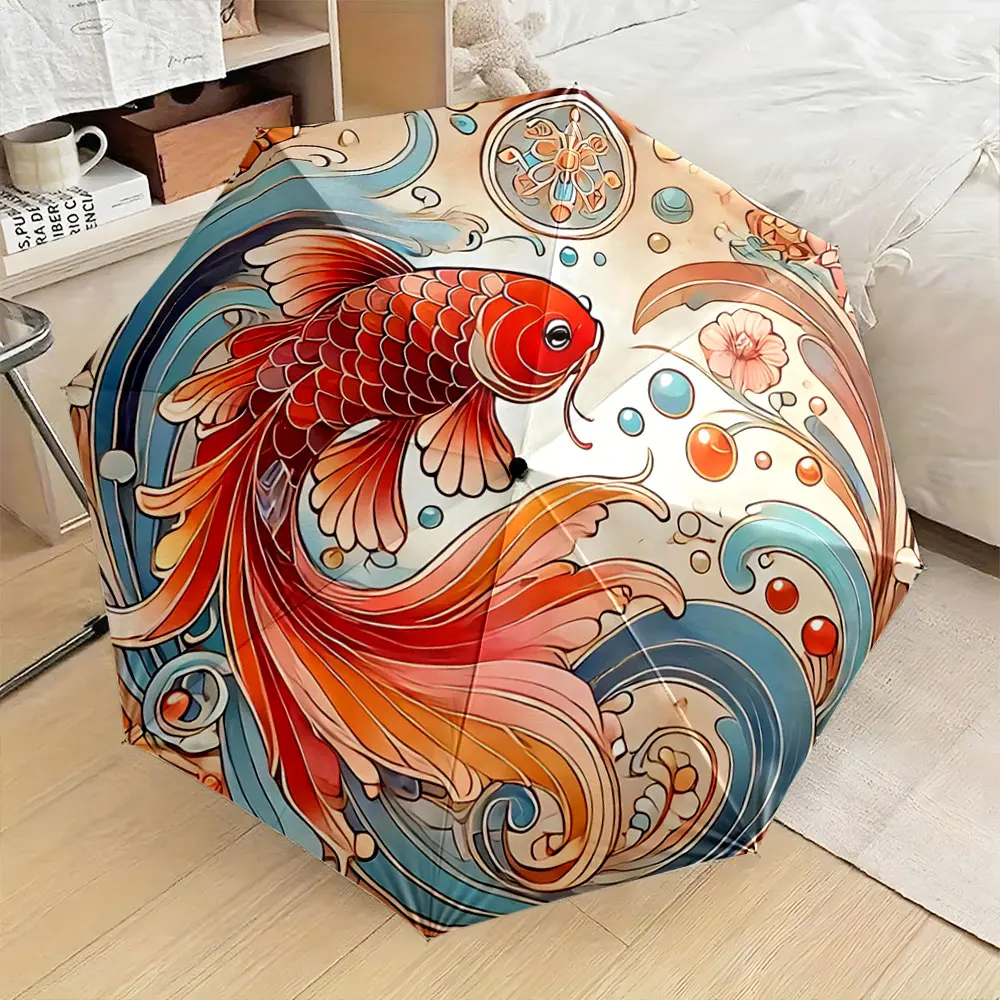 Colorful Koi Fish with Flowing Water Artistic Design Umbrella portable waterproof sun rain umbrella for outdoor travel beach