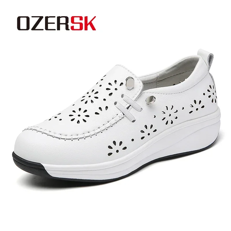 OZERSK Women Casual Shoes Quality Cow Leather Comfortable Soft Summer Breathable Office Leisure Walking Work Shoes Size 35-40