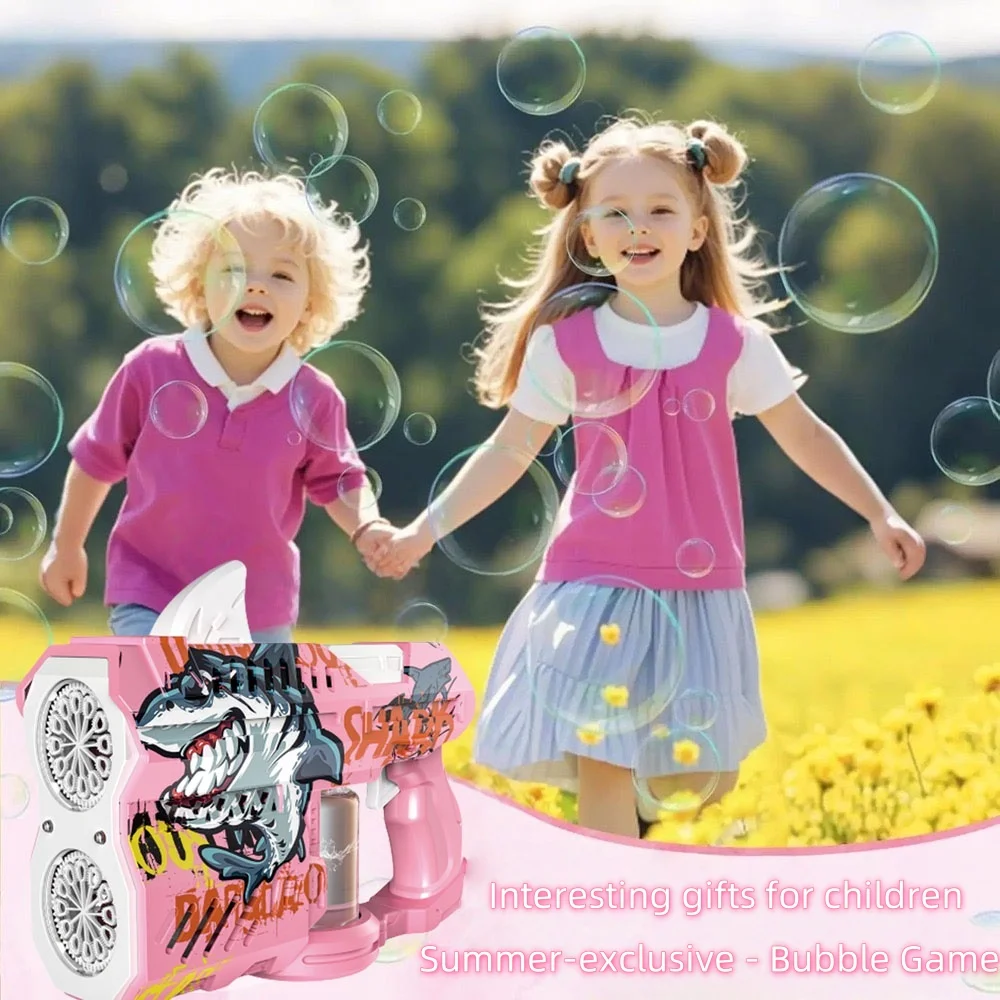 Zabawka dla dzieci i dorosłych, świecący pistolet do bąbelków w kształcie rekina, elektrycznie spustowana dysza do pistoletu do bąbelków, niezbędna zabawka do zabawy na świeżym powietrzu, bąbel
