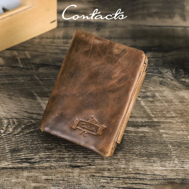 CONTACT'S Genuine Leather Men Wallet Vintage Short Trifold Wallets Luxury Card Holders Coin Purses Travel Business Money Clip