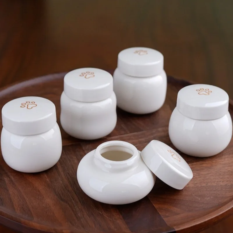 Cat Claw Print Pet Urn Ceramic Sealing Cat Dog Ashes Urn Rotatable Open Puppy Memories Ash Box Moisture-proof Funeral Pets Urn