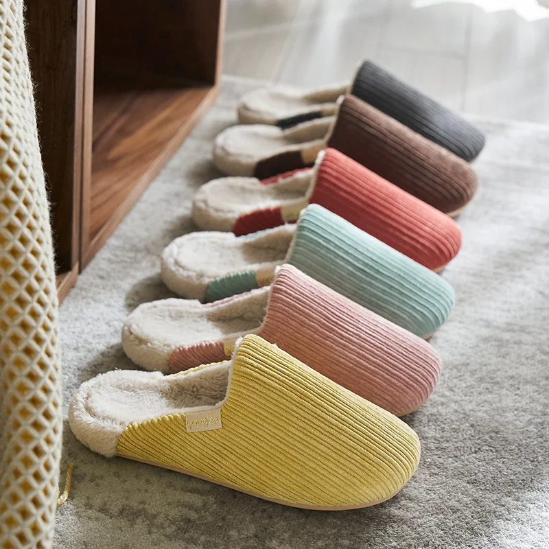 

Home-Wear Corduroy Cotton Slippers Warm Indoor Non-Slip Couples' Thick-Soled Plush Slippers for Winter