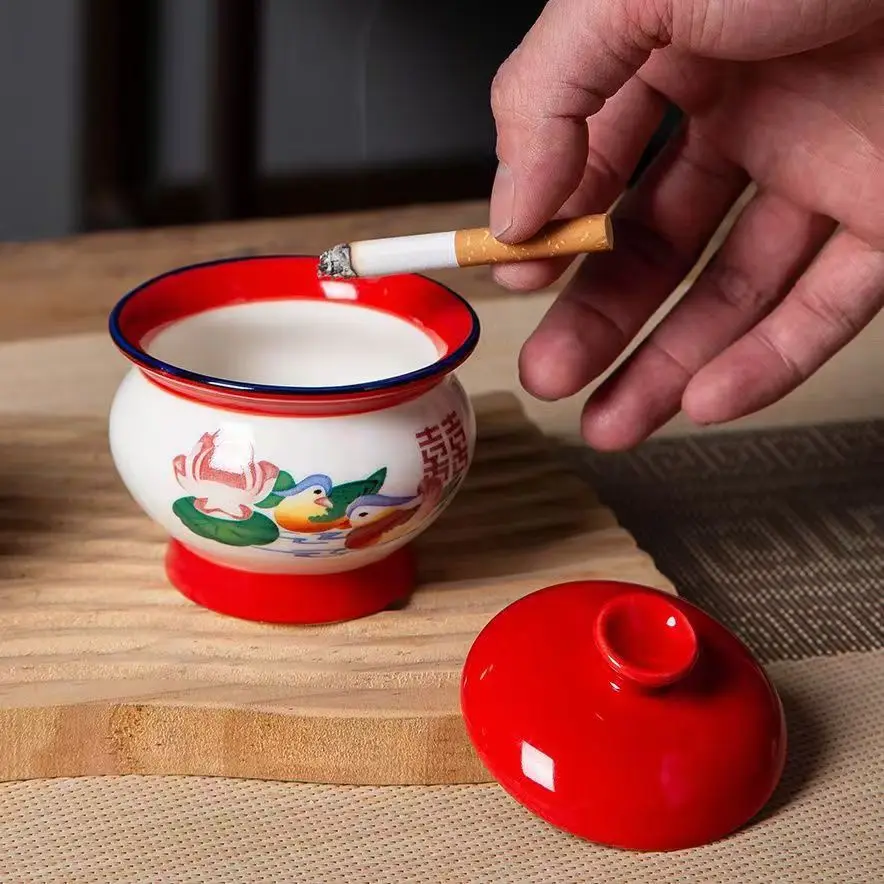 

Nostalgic ashtray with lid, vintage Double Happiness home decor, living room, creative high aesthetic tea set decoration