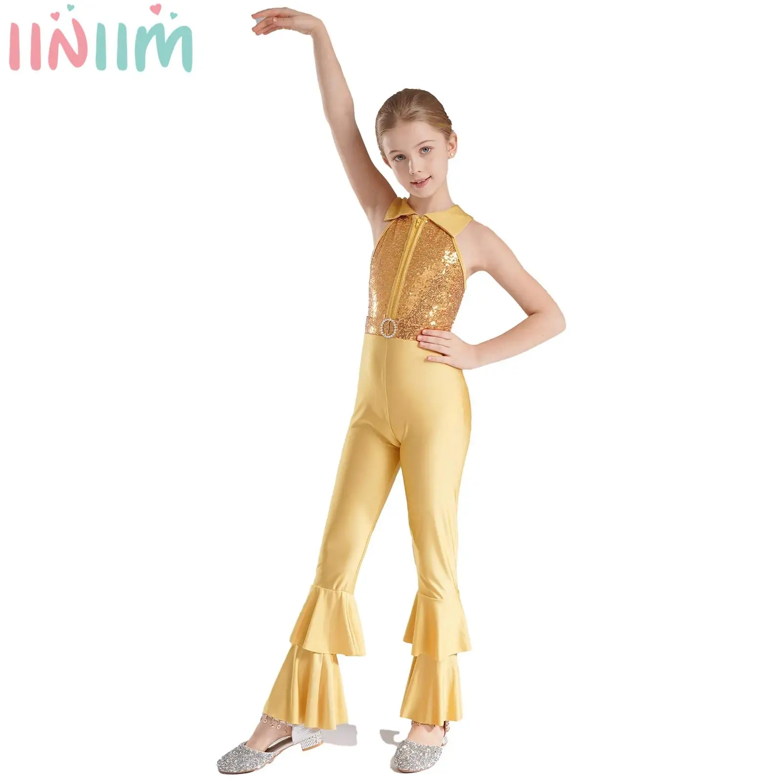 Kids Girls Ballroom Jazz Dance Costumes Shiny Sequins Leotard Bell Bottom Jumpsuit Long Flared Pants Stage Performance Dancewear