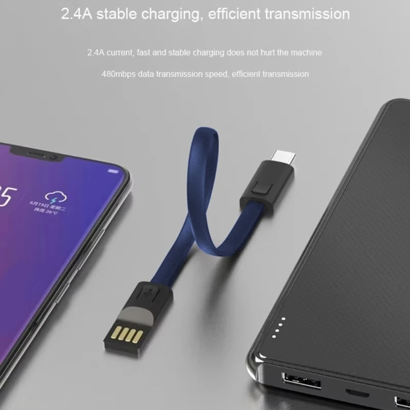 Keychain USB to Type C Charging Cable 2.4A High Efficiency Data Transfer 2 in 1