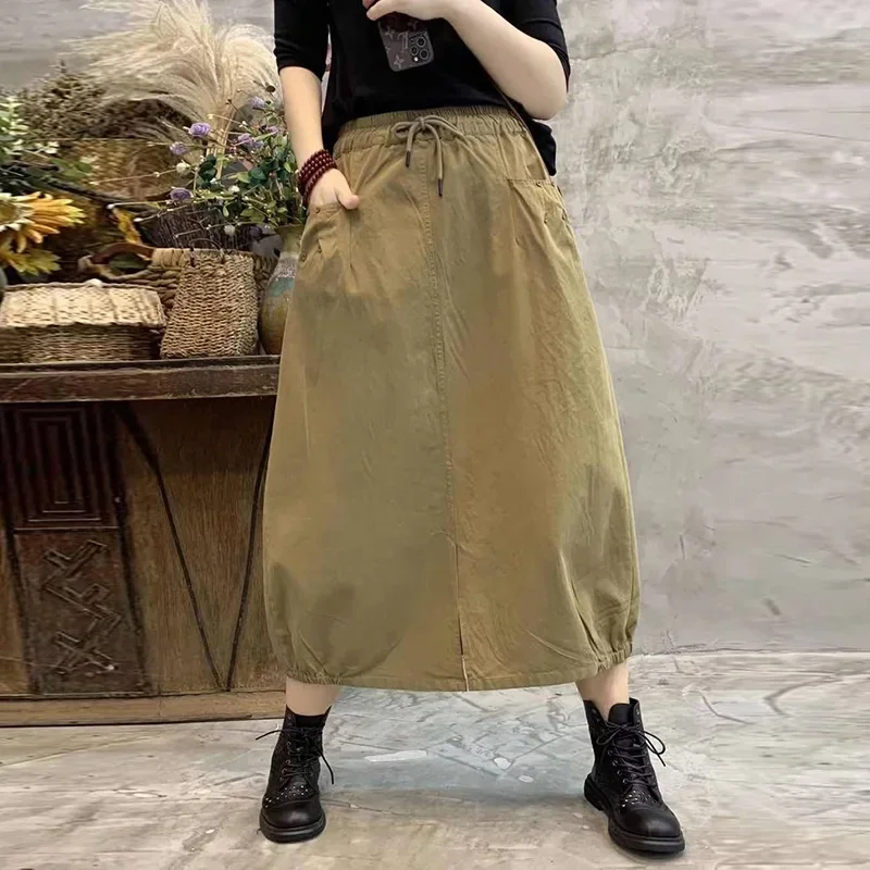 تنورة نسائية مرنة على شكل حرف A ، تنورات قطنية ، قمصان عتيقة ، أحادية اللون ، الصيف ، الربيع ، قمصان