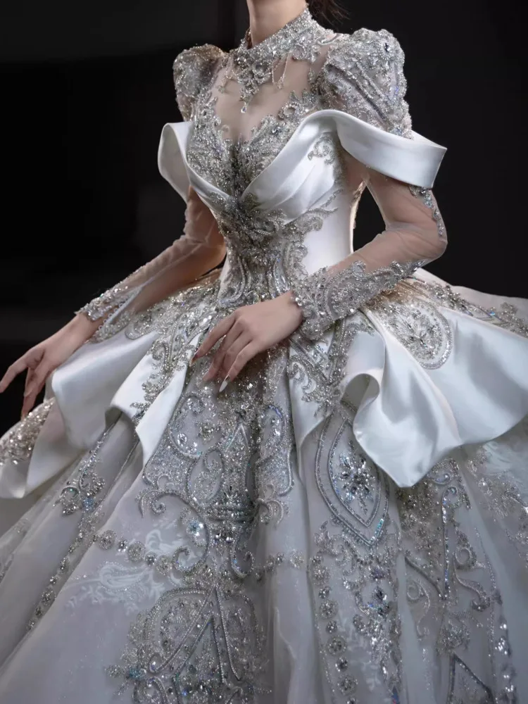 DFDG Damen 2025, weißes französisches Couture-Hochzeitskleid, luxuriöse schwere Stickerei, lange Schleppe, Hauptbrautkleid, Frühlings- und Sommerdesign