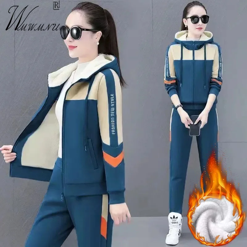 

Casual Patchwork Plus Velvet Tracksuit Women Winter Zipper Sweatshirt Jogger Pant Sets Warm Thick Jacket Sweatpants 2 Pieces Set