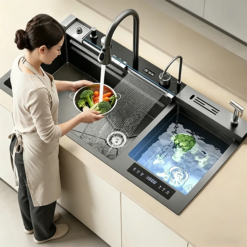 Handmade Stainless Steel Single Bowl Kitchen Sink With Faucet Intelligent Water Catalyst Fruit Vegetable Washing Basin