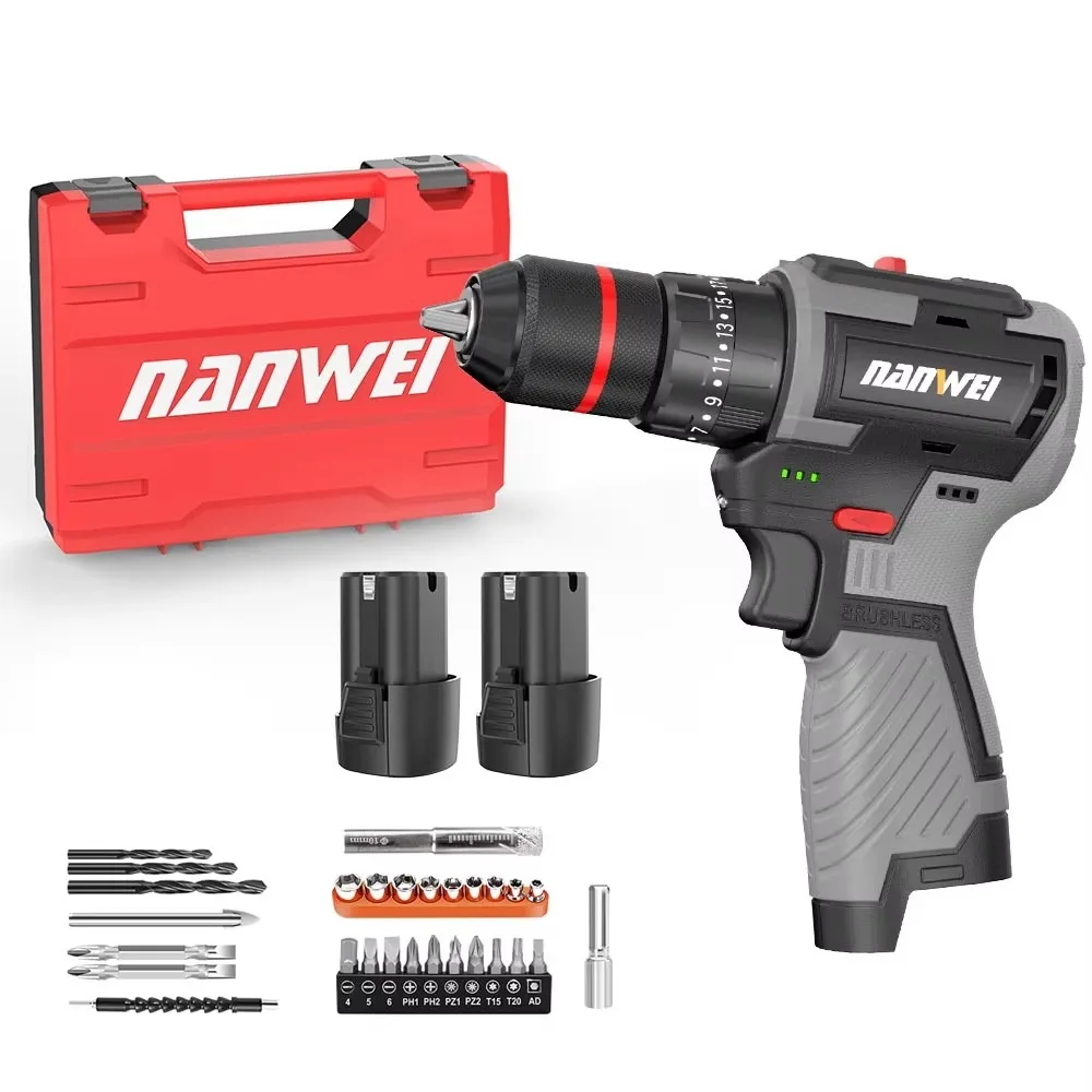 Cordless Brushless Impact Drill Set Portable Electric Power Tool Kit with Complete Accessories for Home DIY Woodworking
