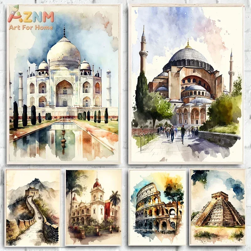 AZNM Frameless Canvas Poster Watercolor World Landmarks Print, Taj Mahal Hagia Sophia Great Wall Ancient Architecture Wall Pictu