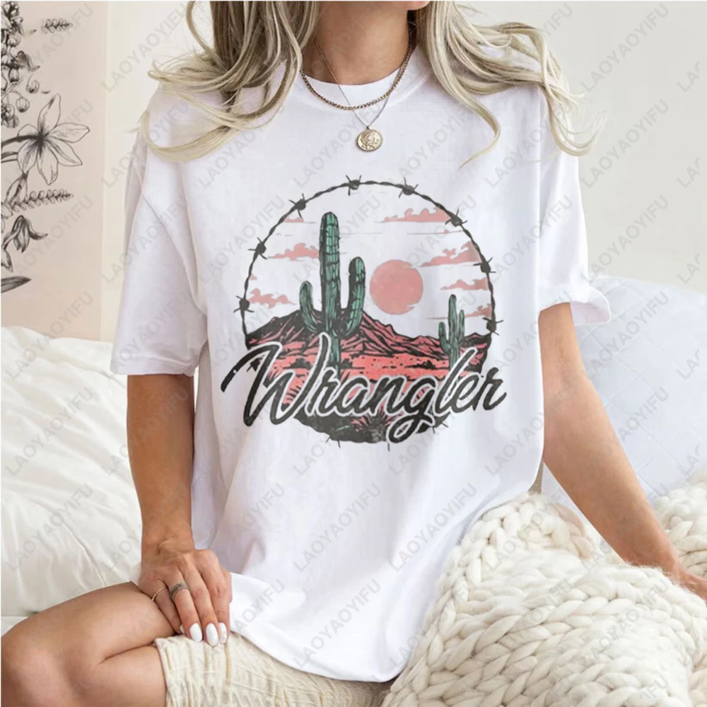 Boho-Style-Women's-Cotton-T-Shirt-Desert-Cactus-and-Sunset-Graphic-Tees-Summer-Casual-Wear-Retro-Trend-Cool-Street-T-Shirts