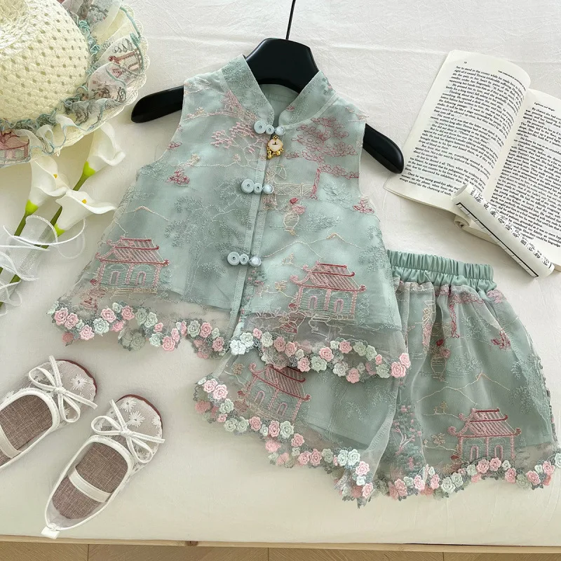

Children's Summer Outfit for Girls, Chinese Style Heavy Embroidery Organza Double Layer Sleeveless Vest and Shorts Two-Piece Set