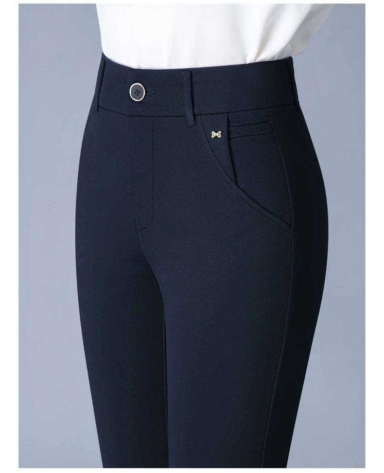 7XL Spring Autumn Casual Button Elastic Mid Waist Black&Navy Blue Straight Trousers Office Lady Quick Drying Suit Pants Female