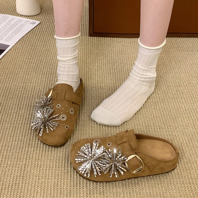 Rhinestone Baotou Slippers Are Versatile for External Wear 2026 New Round Toe Deep Mouth Flat Shoes
