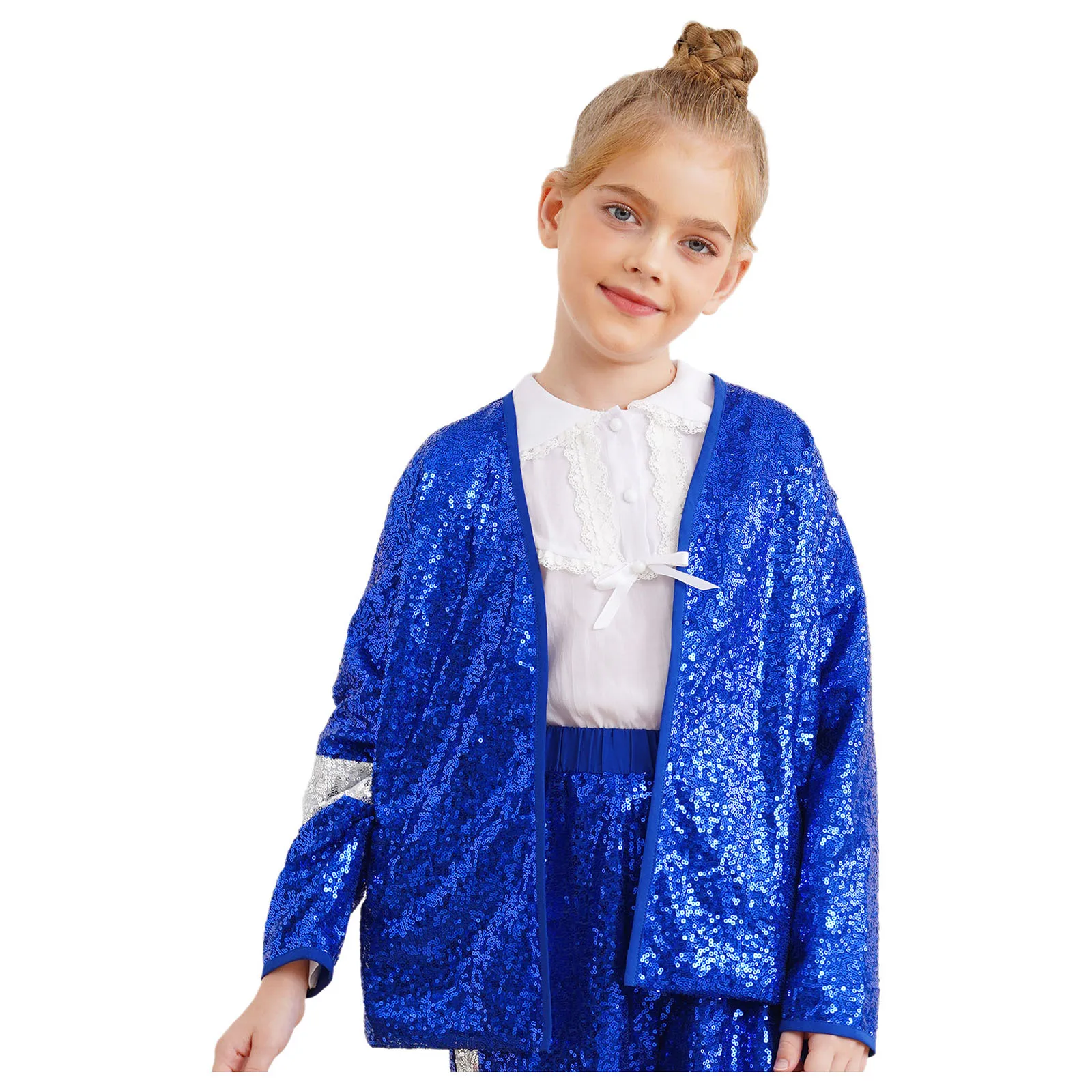 Girls Boys Sequins Jacket Long Sleeve Open Front Coat Outerwear for Disco Jazz Dance Stage Performance Birthday Party Clothes