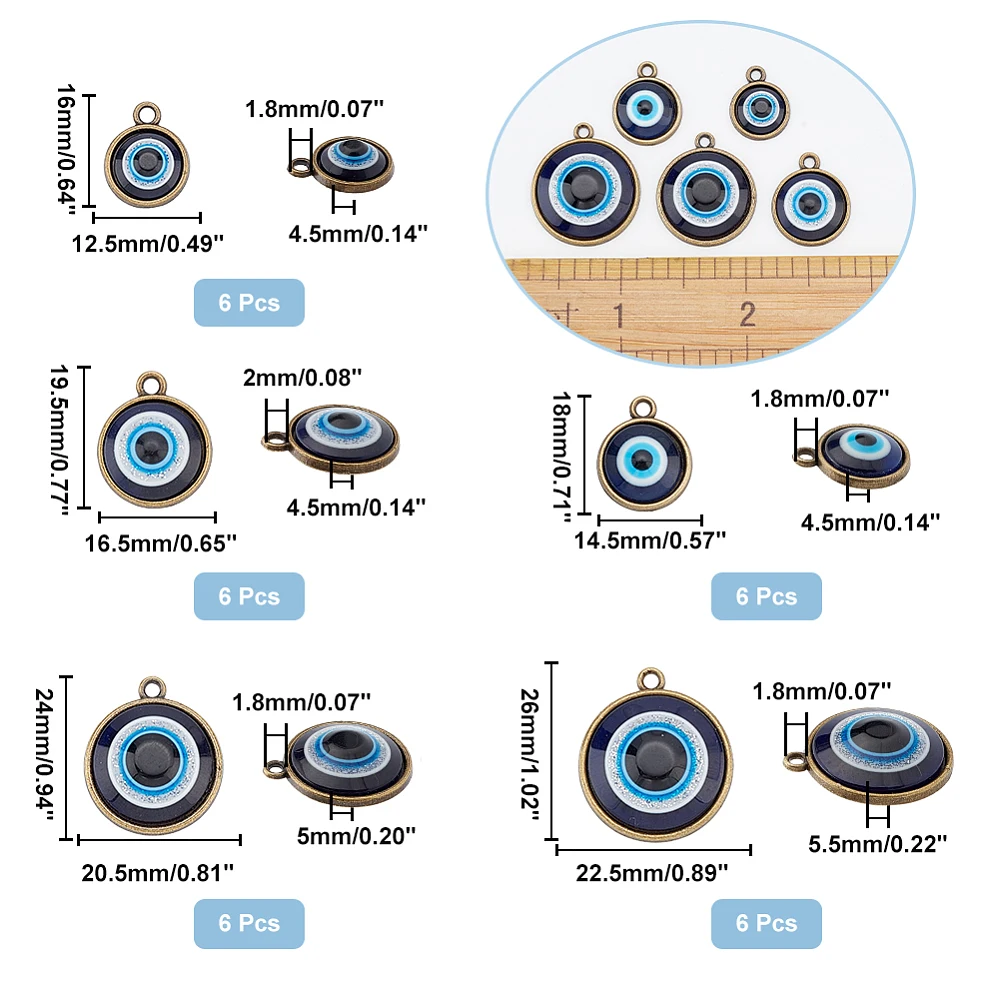 30 Pcs Evils Eye Charms 5 Different Sizes Bronze Evils Eye Charms Flat Round Plastic Beads with Alloy Findings for Women DIY