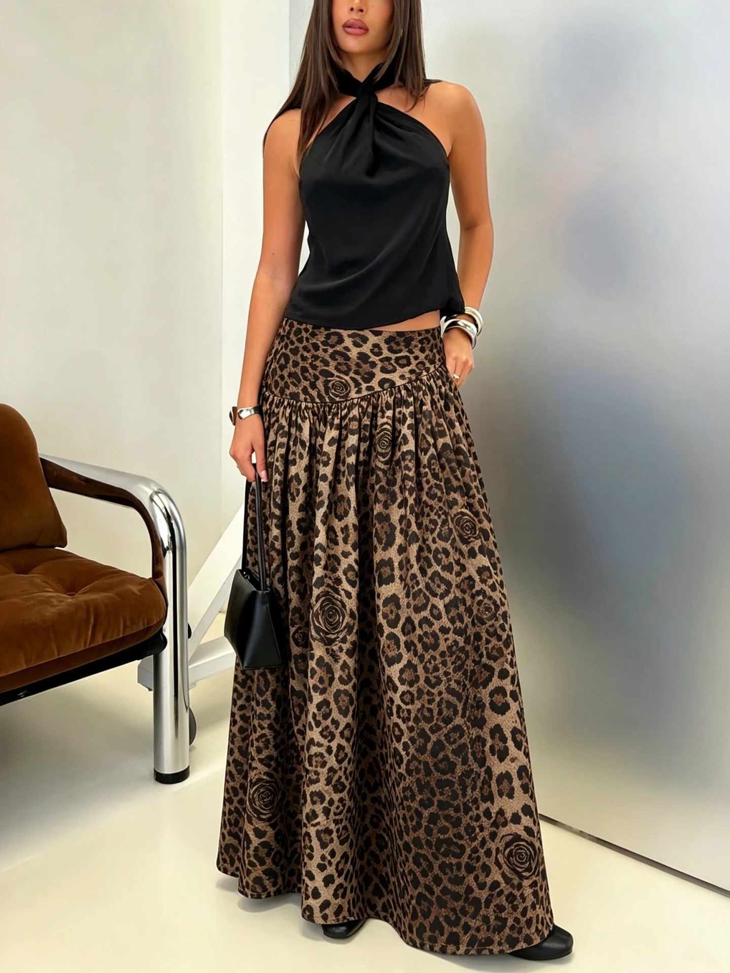 Dulzura Women'S Vintage Casual High Waist Slim Fit Animal Print Long Skirt Y2K Versatile Skirt Party Club Street Autumn Clothes