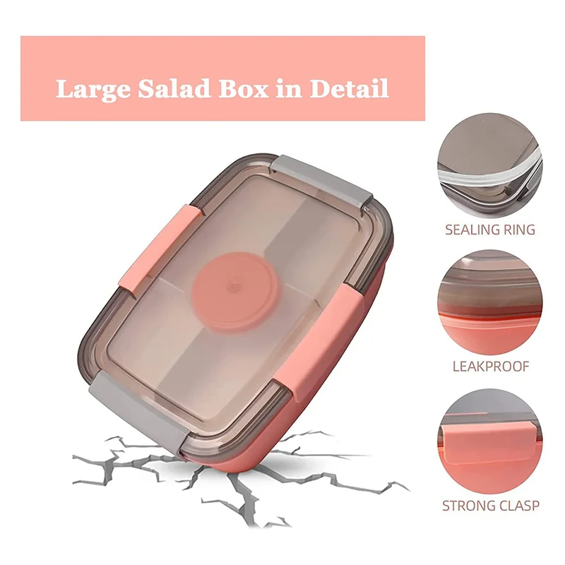 Adult Lunch Box, 2000 Ml, Lunch Box with Compartments, 2-Tier Salad Box to Go, Large, Sustainable, Leak-Proof Pink