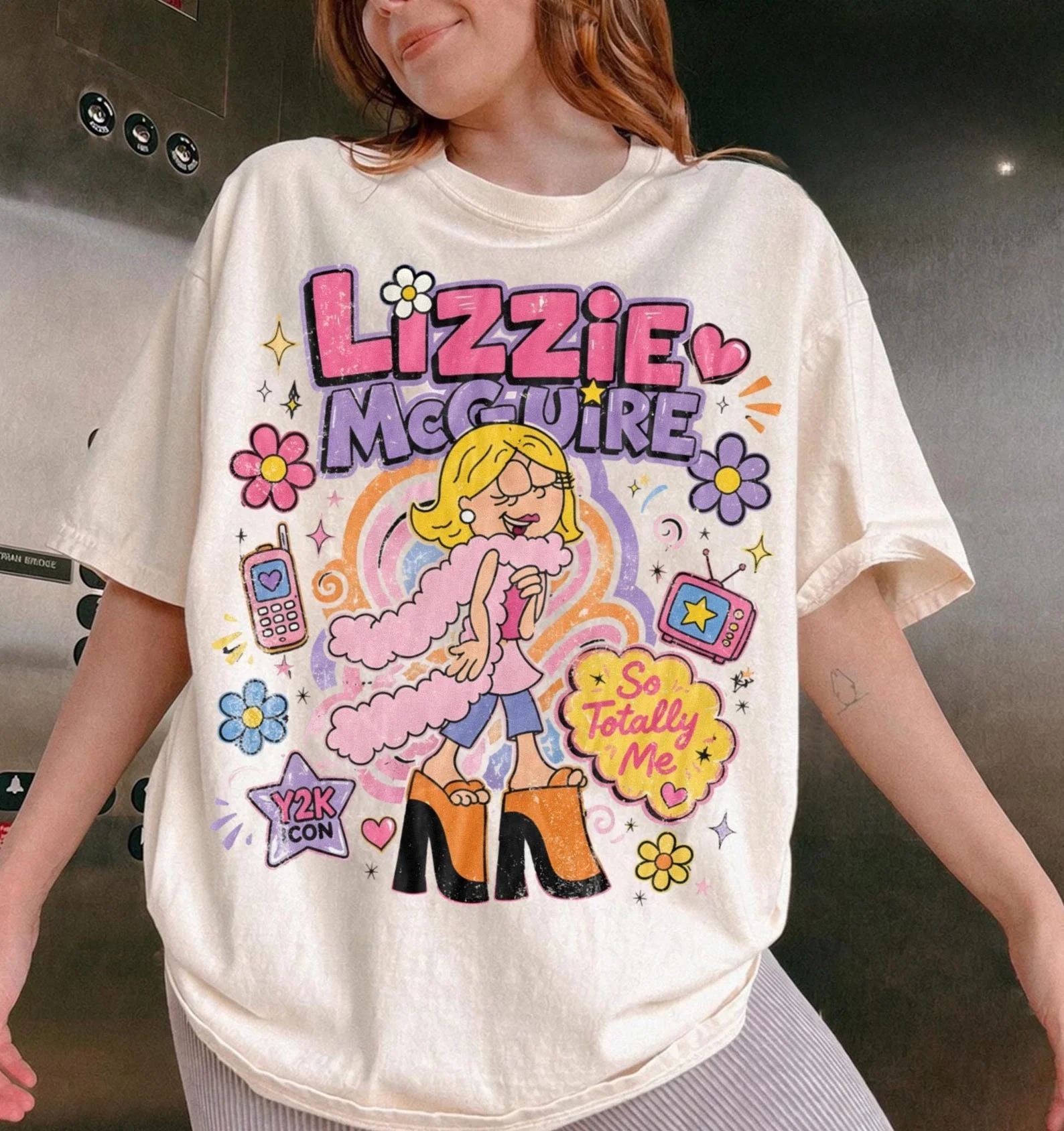 Y2K Harajuku Style Lizzie McGuire Cartoon T-shirt with Retro Floral Print Men's/women's Casual Loose T-shirt Family Matching Top