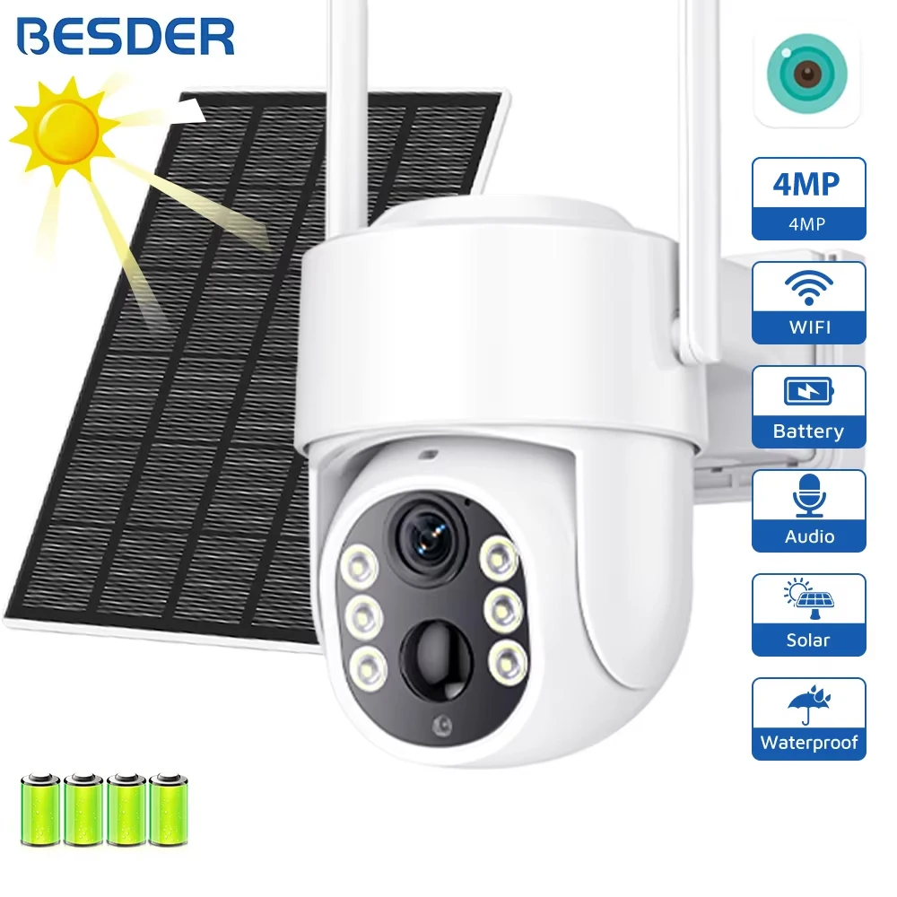 BESDER 4MP PTZ WIFI Surveillance Security Camera 7800mAh Solar Charging Outdoor Human Tracking Full Color Night Vision iCSee