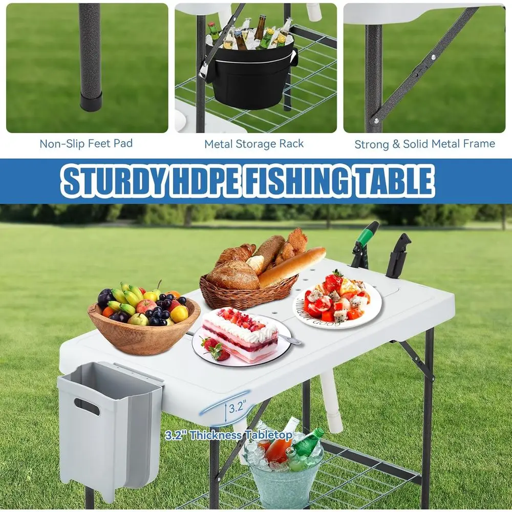 Portable Double Sink Fishing Cleaning Station with Faucet, Drain, Sprayer, Knife, and Storage, Black