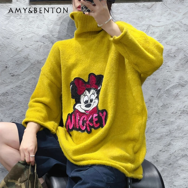 

Осень-зима, свободная водолазка с мультяшной вышивкой, универсальная стильная вязаная рубашка большого размера, теплое верхнее пальто для женщин