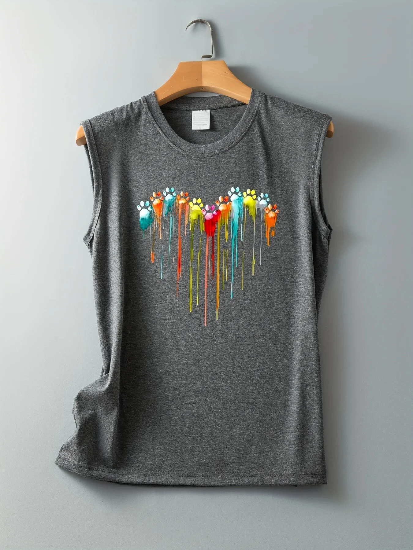 Colorful Paw Print Crew Neck Tank Top, Casual Sleeveless Top For Summer, Women\'s Clothing