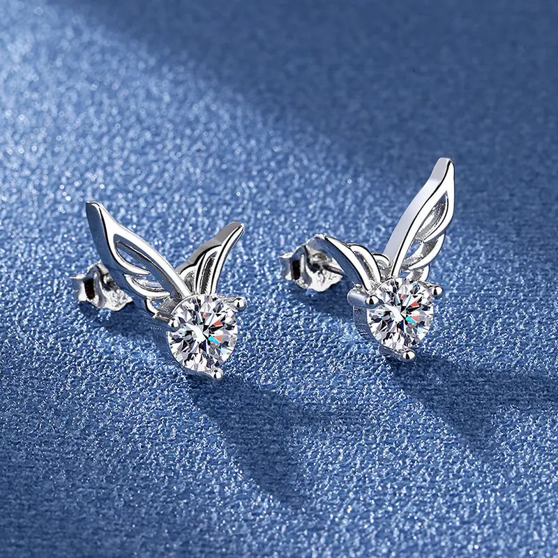 Solid 925 Sterling Silver New High Quality Jewelry Crystal Angel Wings Stud Earrings For Women XY0223