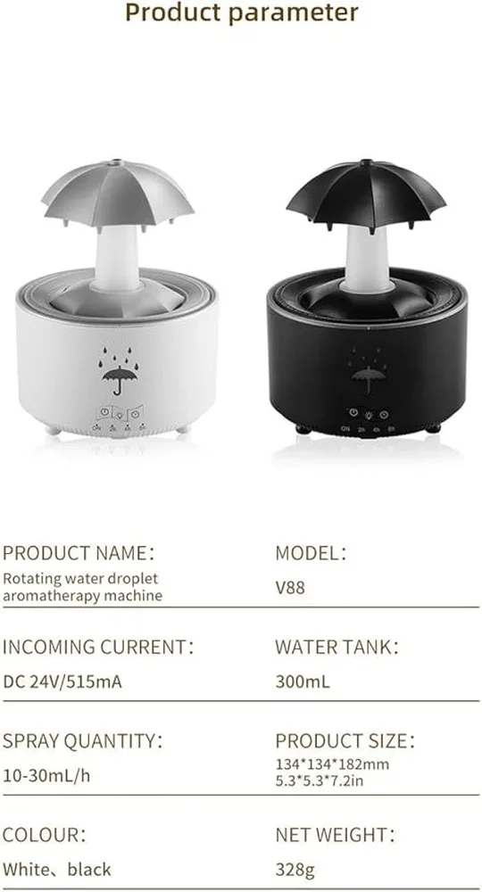 Rain Humidifier Oil Diffuser 7 Colors LED Remote Control With Intelligent Smart Timer Auto Shut Off