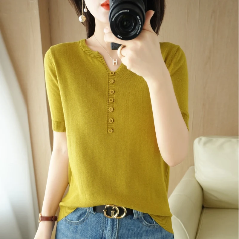 Summer New Short-sleeved Women V-Neck Slim 100% Cotton Pullover Vest T-shirt Button Decoration Knitted Base Casual Sweater