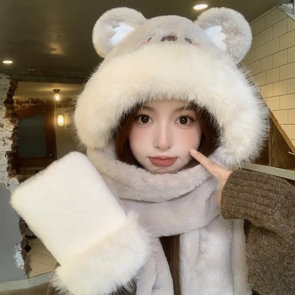 3pcs/Set 3 Piece Set Bear Hat Scarf Gloves Set Thick Warm Polyester Winter Hat Scarf Gloves Set Cold Weather