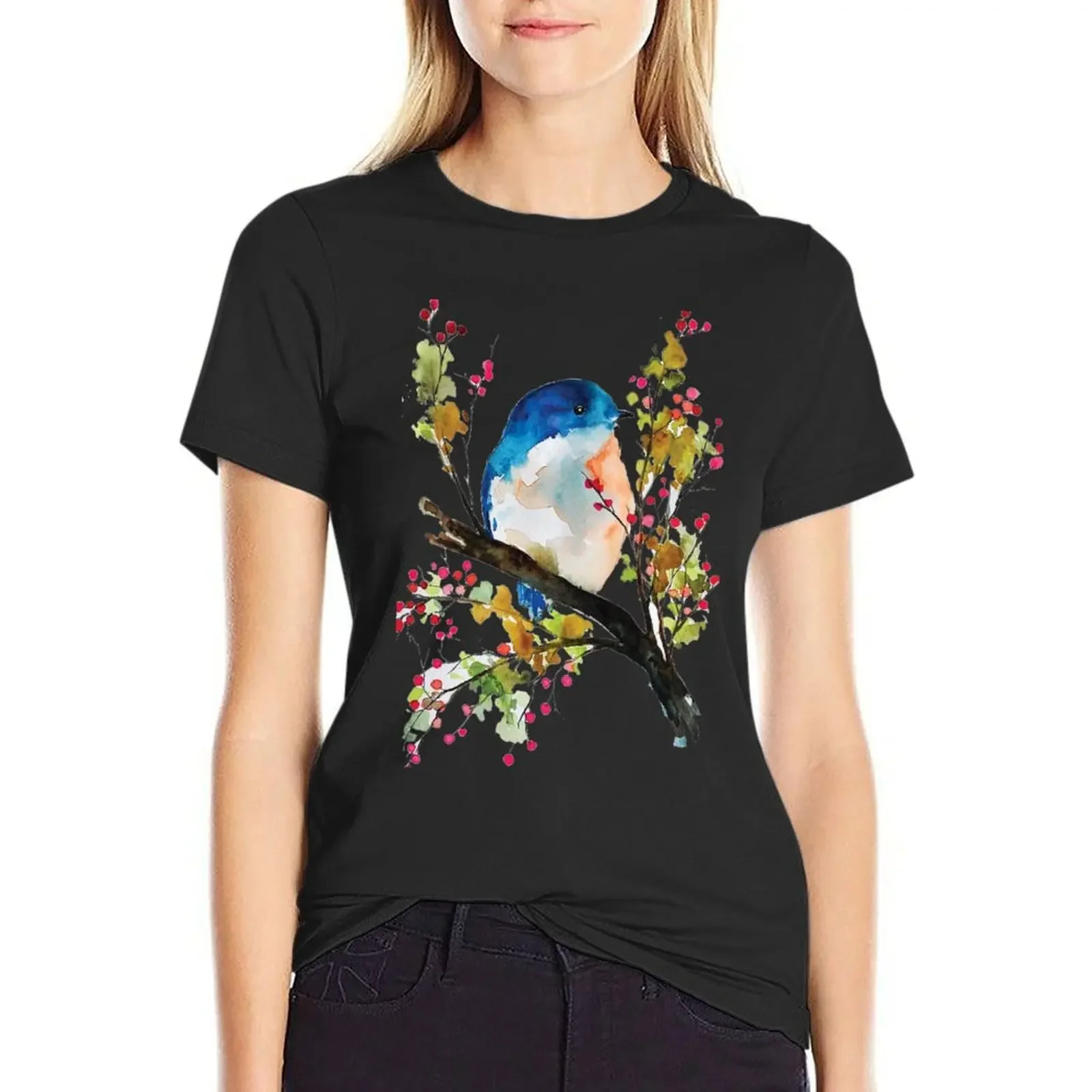 

watercolor bird T-Shirt sweat anime clothes tees summer top black t-shirts for Women