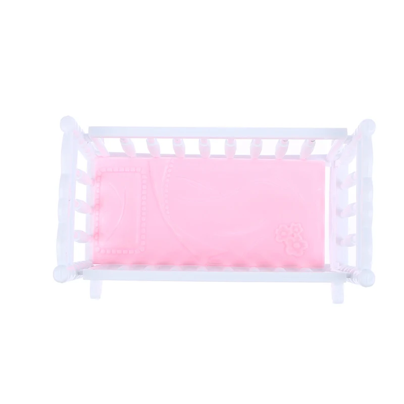 Light Pink Doll Crib Cradle, White Baby Shaker Bed, Doll House Toy Accessories