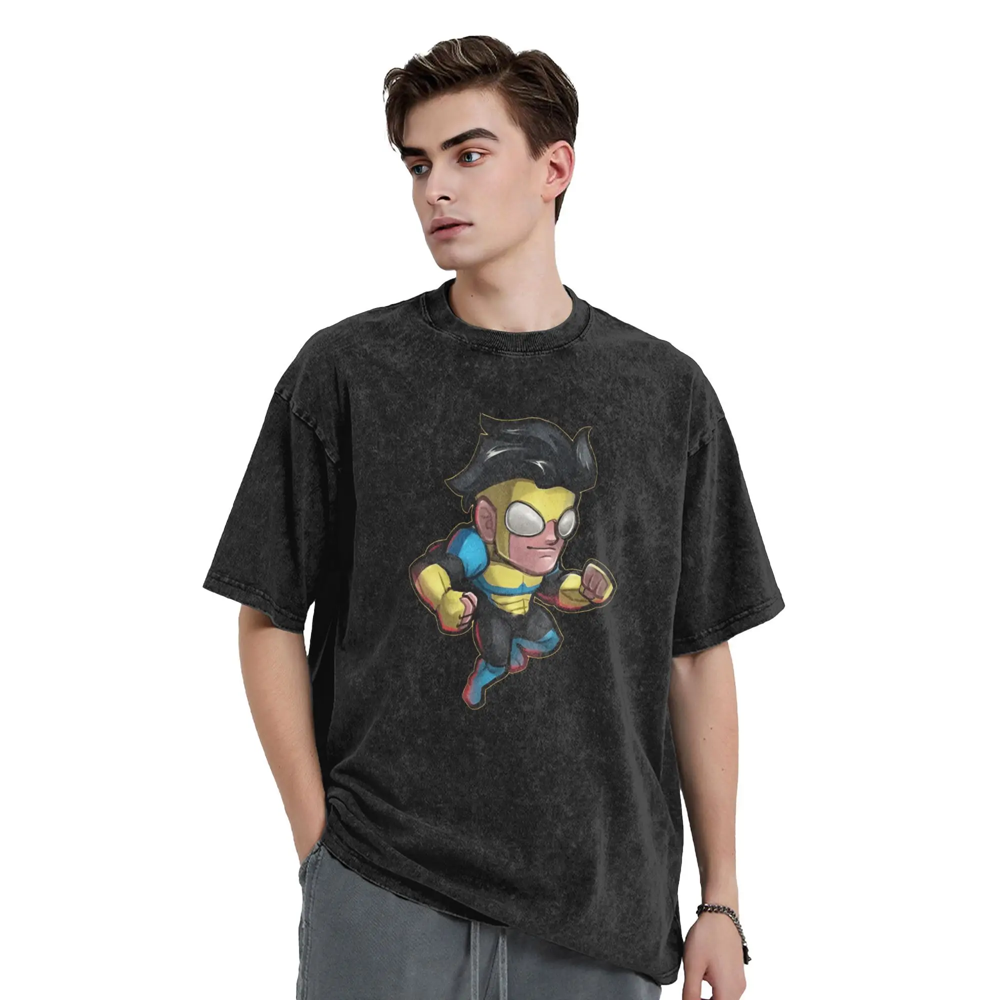 

Invincible Cartoon Comic Mark Grayson Men T Shirt Washed Vintage Tees Short Sleeve Round Neck T-Shirts Cotton Plus Size Clothing
