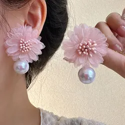 Korean Fashion Fabric Pink Flower Pendant Earrings For Women Romantic Sweet Flower Pearl Stud Earrings Wedding Party Jewelry