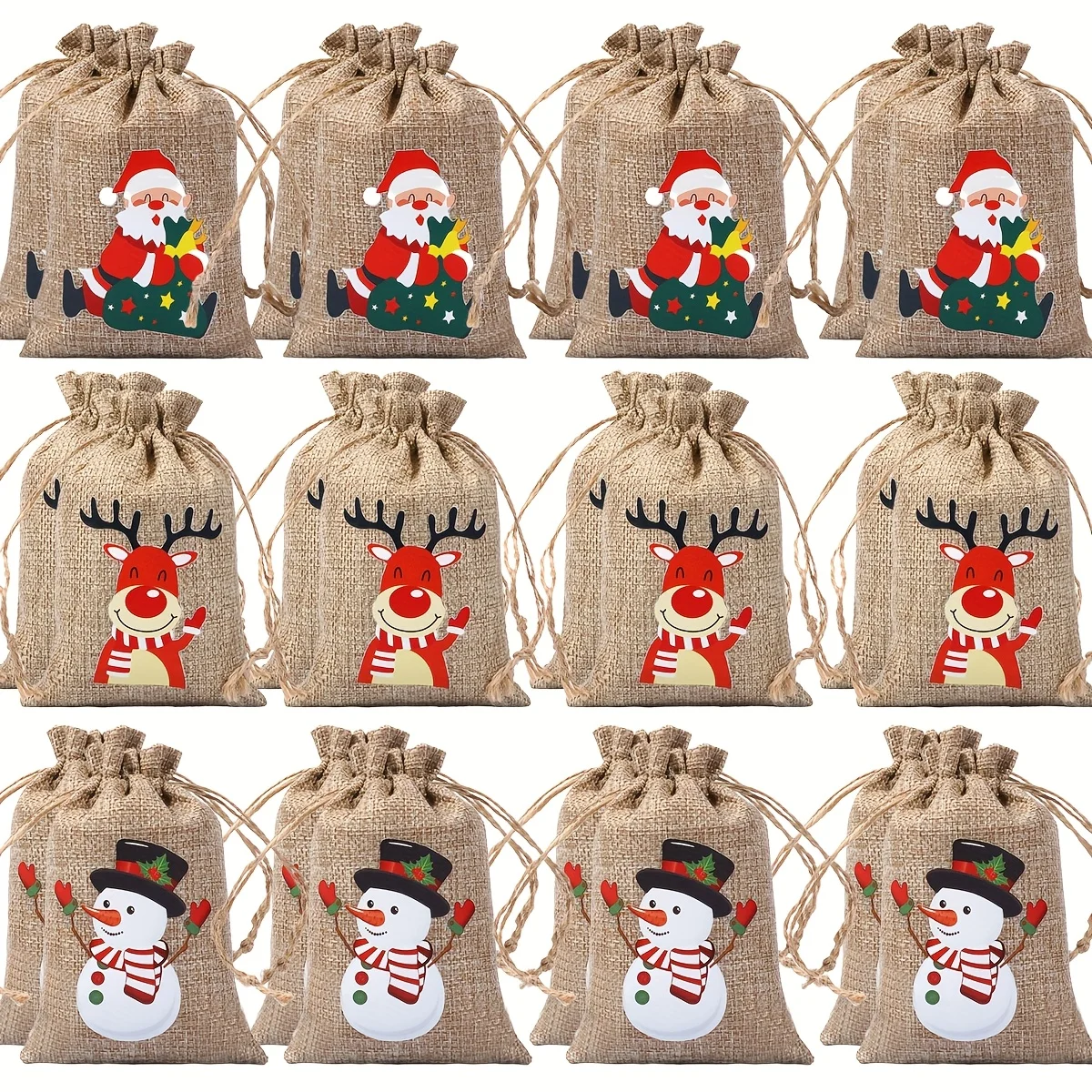 Weihnachtsgeschenktüten mit Kordelzugverschluss – Weihnachtsmann-, Rentier- und Schneemann-Designs – Bonbons-Verpackungs-Geschenktüten
