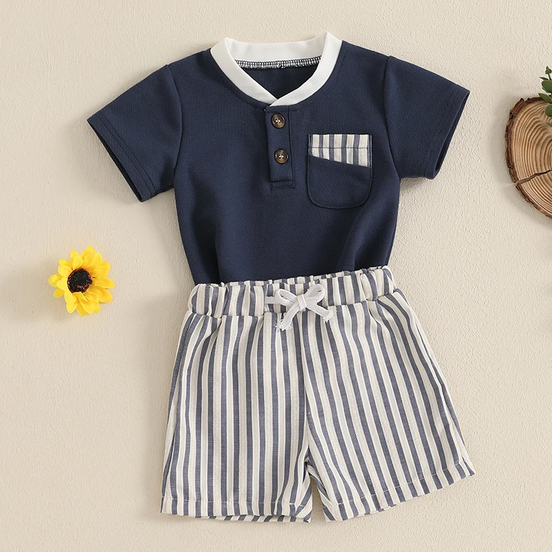 Infant Boy s Summer Clothing Set with Short-Sleeve Pocket Tee and Striped Drawstring Shorts for a Stylish Outfit