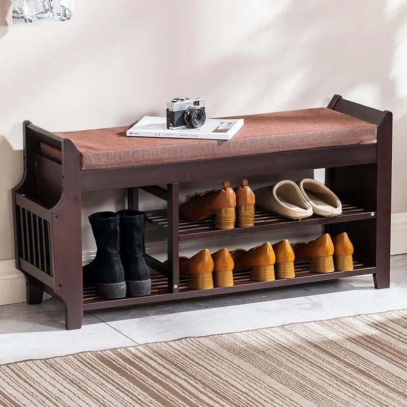 Natural Bamboo Shoe Storage Rack Bench with 2-Tier Cushion Seat Living Room Shoe Organizer Entryway Storage Hallway Furniture