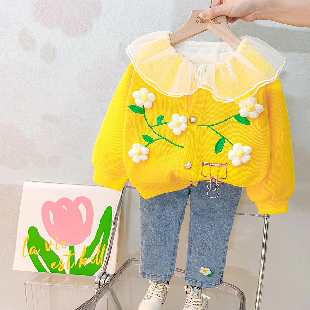 Infant Clothes Outfits 2023 Spring Baby Girls Clothing Sets Kids Floral Coats Shirt Jeans 3 Pcs Suits Children Princess Costume