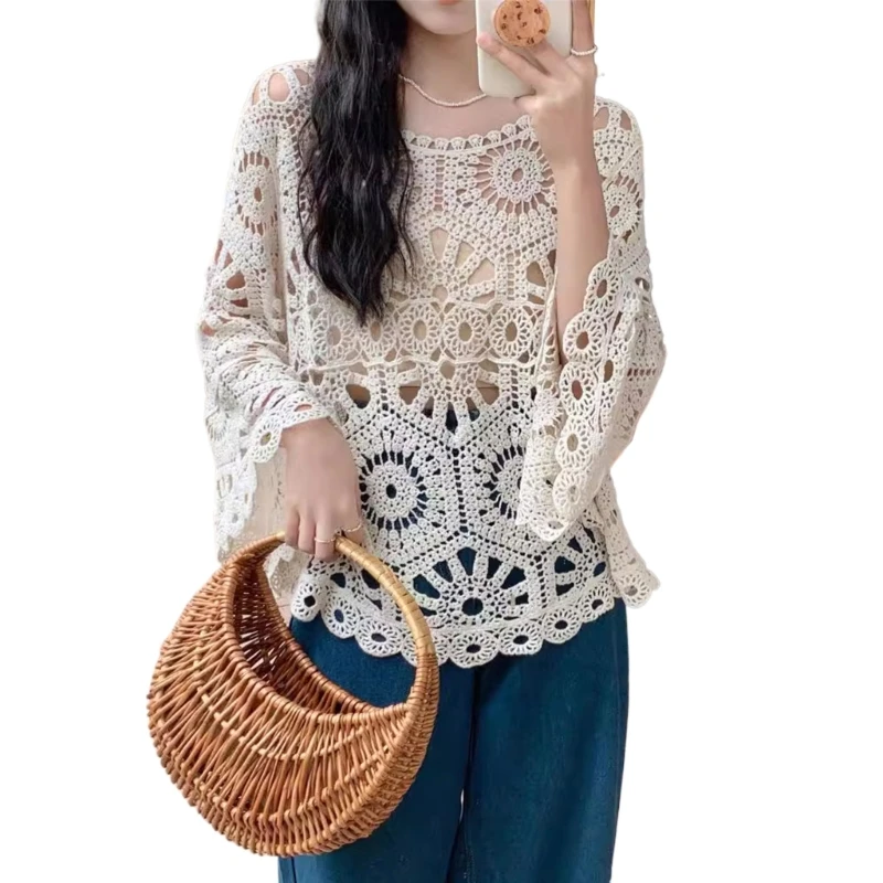 

Versatile Lace Top With Flared Sleeves Hollow Out Detail For Casual Or Party Wear Loose Blouses Stylish Ladies Shirt