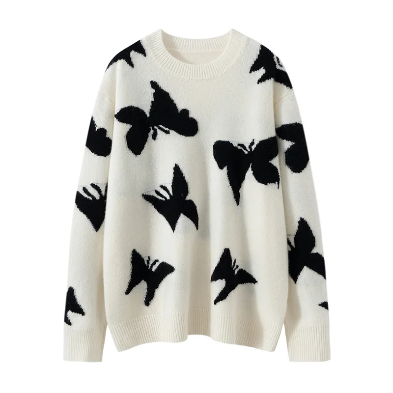 O-neck 100% Cashmere Pullover Sweater New Autumn Winter Women's Bufferfly Loose  Casual High-end Warm Knitted Long Sleeve Tops