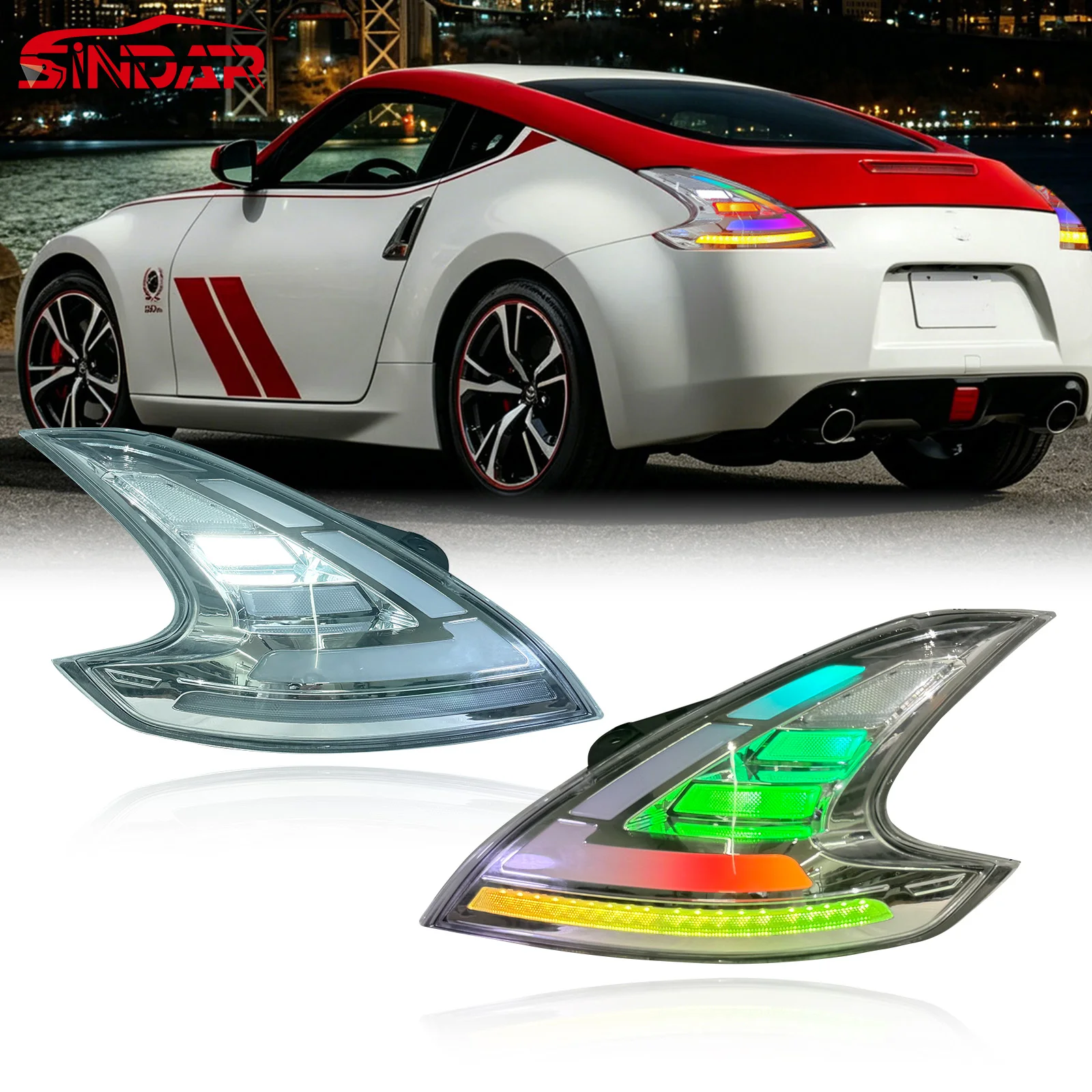 SINDAR RGB LED Tail Lights Assembly For Nissan 370Z Z34 2008-2019, Sequential Turn Signal Animated Electroplating Rear Lamps
