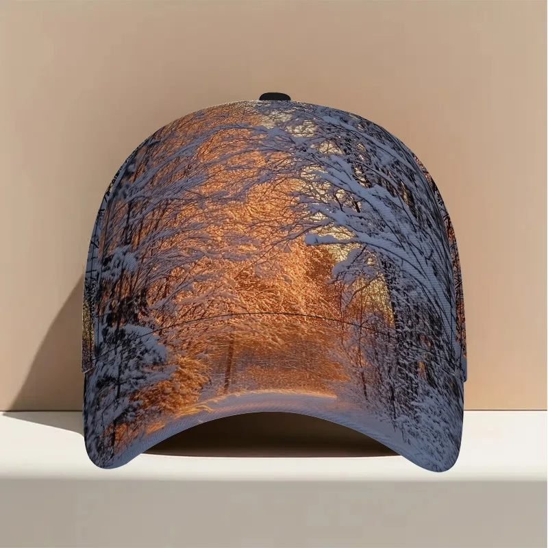 Customization 1pc 1pcs Winter Snow Scene Print Snapback - Adjustable Duckbill Hat Suitable For Group Outfits, Lightweight Polyes