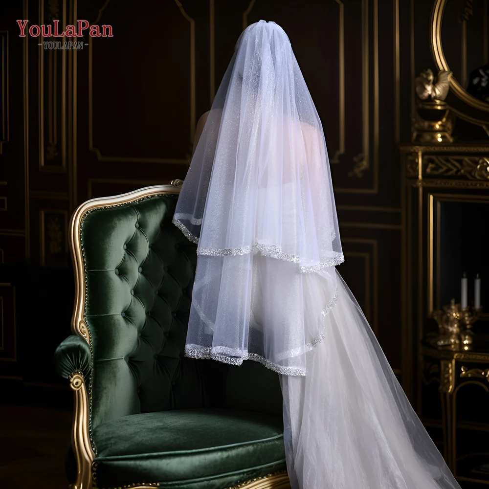 

YouLaPan 2 Tier Bridal Veil Sparkling Glitter Beaded Edge Wedding Veil Ivory Champagne Veils Crystal Beaded Bling Bling V203