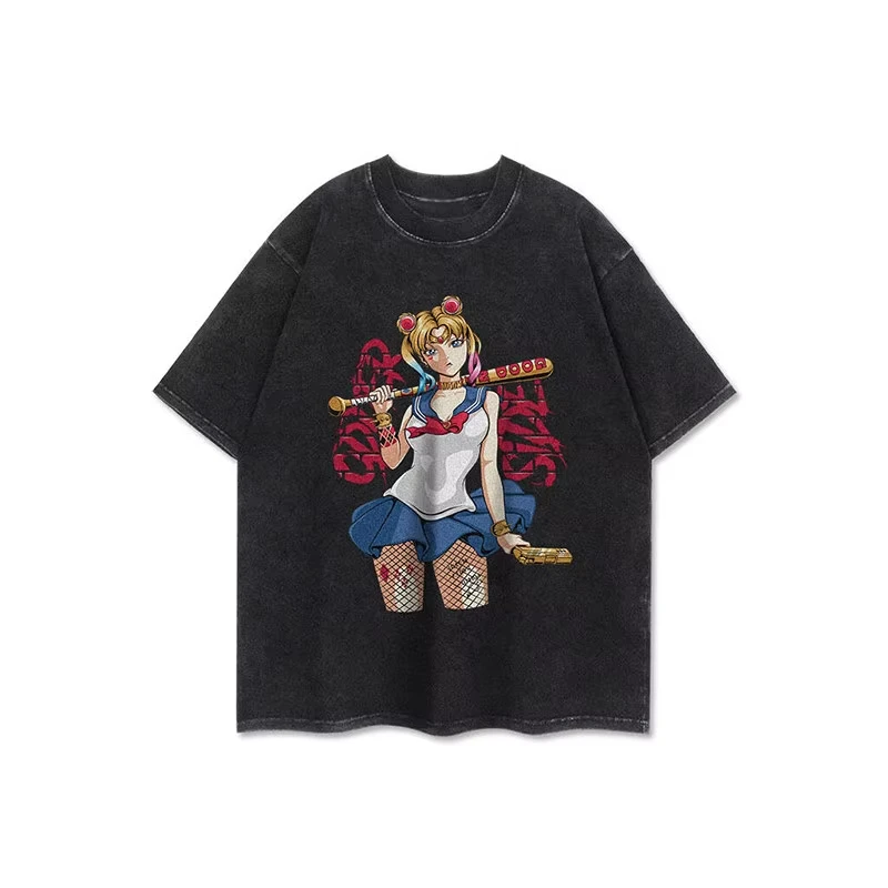 

Beautiful Girl Warrior Moon Hare Surrounding High Street Washed Short Sleeved T-shirt for Men and Women Loose T-shirt