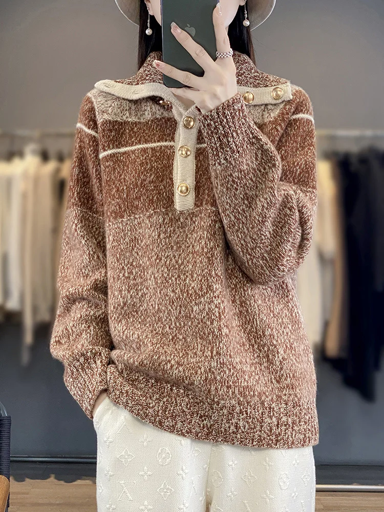 Cashmere Sweater Women\' Lapel Knitted Pullover Fashion Color Matching Large Size Tops Thicken High Neck Female Jacket Base Shirt