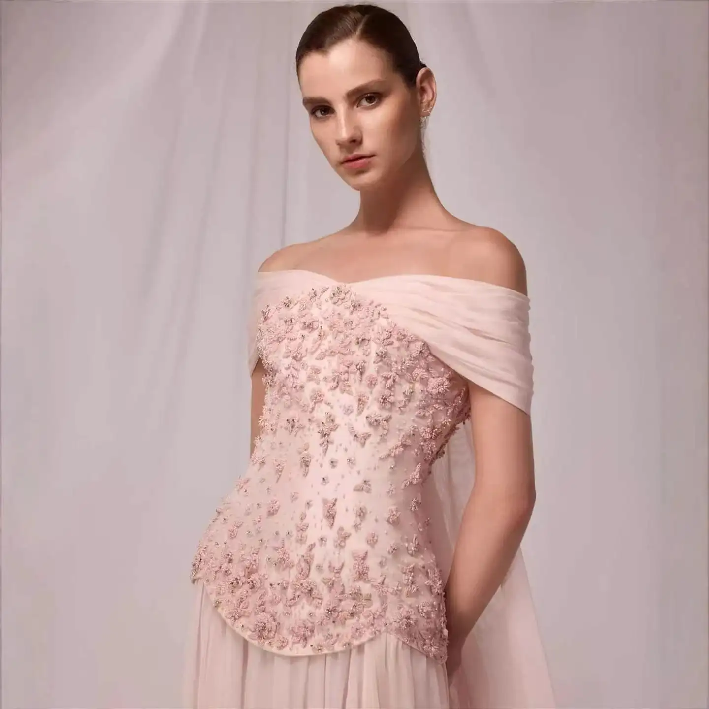 

Elengant Blush Pink A-line Formal Evening Gowns Off the Shoulder Floral Embroidered Chiffon Formal Evening Dresses Customized